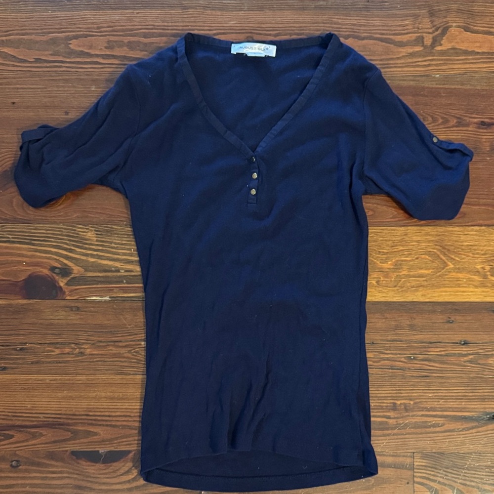 August Silk Navy V-Neck Short Sleeve Tee - Picture 1 of 3